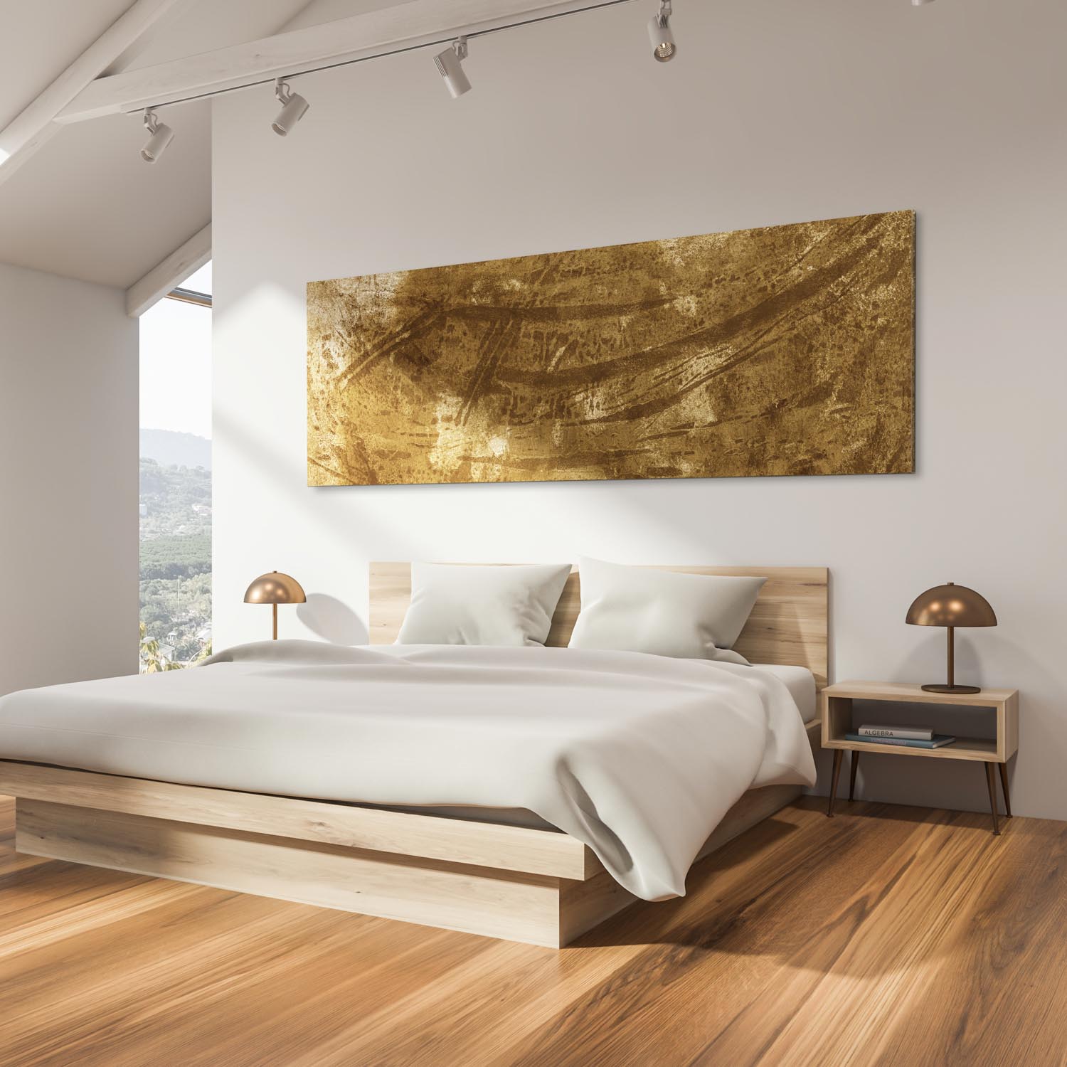 Edelstock XXL Wandbild komplett in Gold mit goldenen Streifen hängt in modernem Schlafzimmer über dem Bett