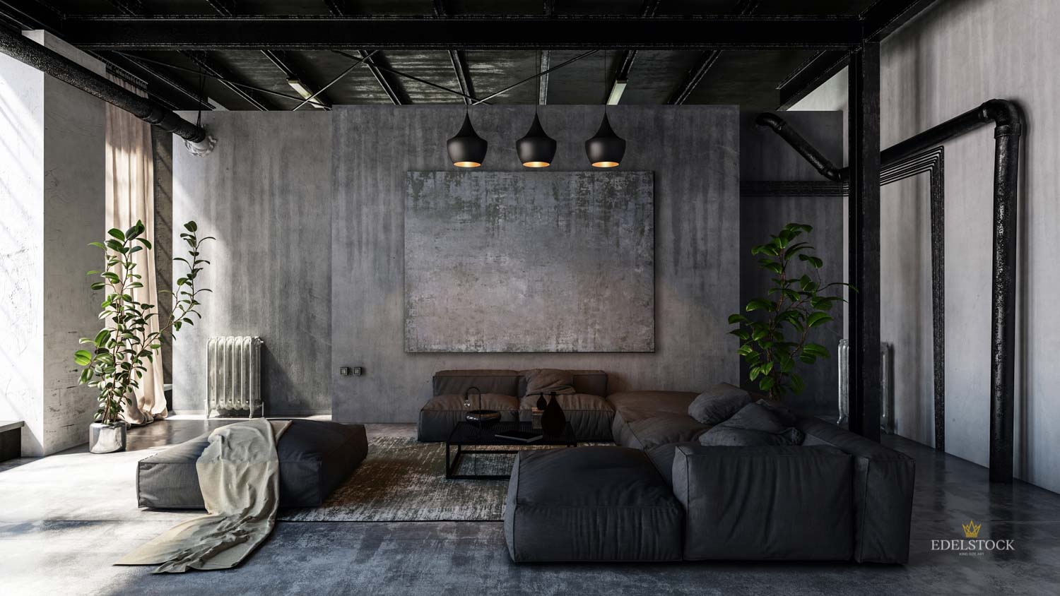 EDELSTOCK XXL Wandbild in dunkelgrau hängt in sehr stilvollem, fast nur in Grau gehaltenen Wohnzimmer