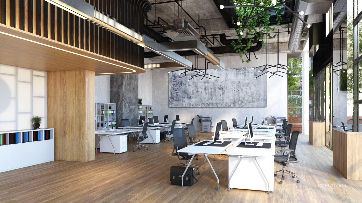 Hellgraues XXL Wandbild mit dunkelgrauer Struktur grauen Einschüssen in wildem Muster im Minimal Art Stil in offenem Büro